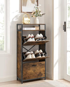 VASAGLE Shoe Cabinet with 3 Flip Drawers, Shoe Storage Cabinet, Asjustable and Removable Dividers, Holds 15-18 Pairs of Shoes, 11.8 x 23.6 x 51.2 Inches, Rustic Brown and Black ULBS101B01