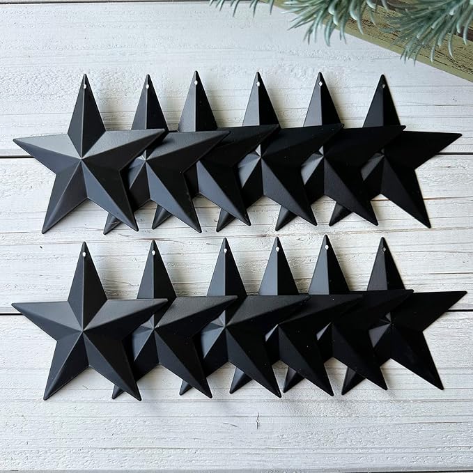 Metal Star Hanging Ornament, 3.8 Inch Black Barn Star for Home Decoration, Set of 12, Rustic Vintage Christmas Gift