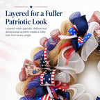 250th Anniversary Patriotic Wreaths for Front Door, 28 Inch Extra Large 4th of July Wreath, Pre-Lit Layered Ribbon Design, Red White and Blue Memorial Day Decorations with Storage Bag