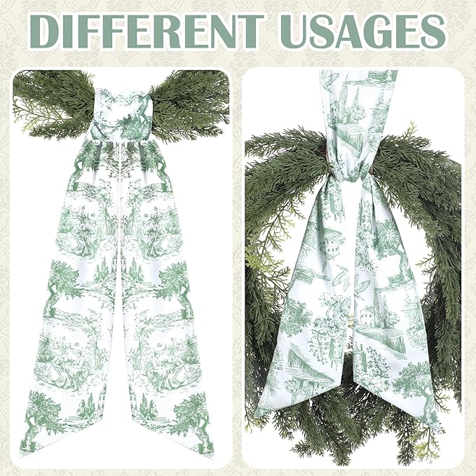 Green Wreath Sashes for Front Door - 2 Pcs Greenery French Toile Sash for Wreath Garland Indoor Outdoor, Rustic Wreaths Sash for Embroidery Monogram Farmhouse