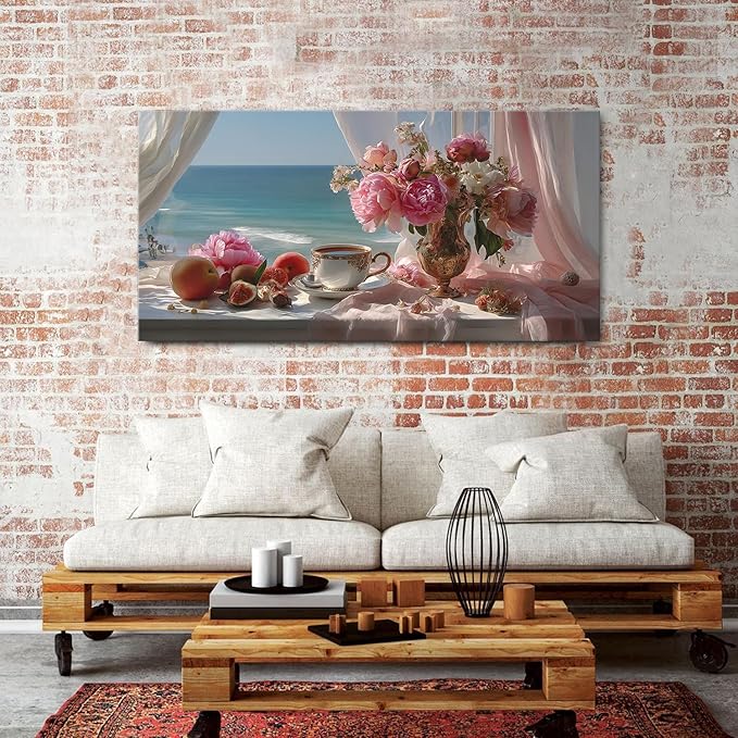 Vintage Pink Flower Wall Art Retro Flowers in Golden Vase Pictures Blue Ocean Coastal Landscape Canvas Prints Blossom Painting Poster Floral Artwork Living Room Bathroom Home Decoration 29.53x57.87"
