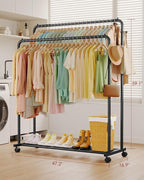 Clothes Rack - Double Rods Clothing Rack with Mesh Shelf, Hooks & Wheels, Metal Clothing Racks for Hanging Clothes & Bags, Multifunctional Garment Rack for Laundry, Black, 47.2" x 16.9" x 59.1"