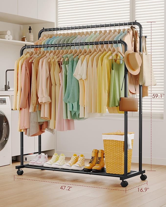 Clothes Rack - Double Rods Clothing Rack with Mesh Shelf, Hooks & Wheels, Metal Clothing Racks for Hanging Clothes & Bags, Multifunctional Garment Rack for Laundry, Black, 47.2" x 16.9" x 59.1"
