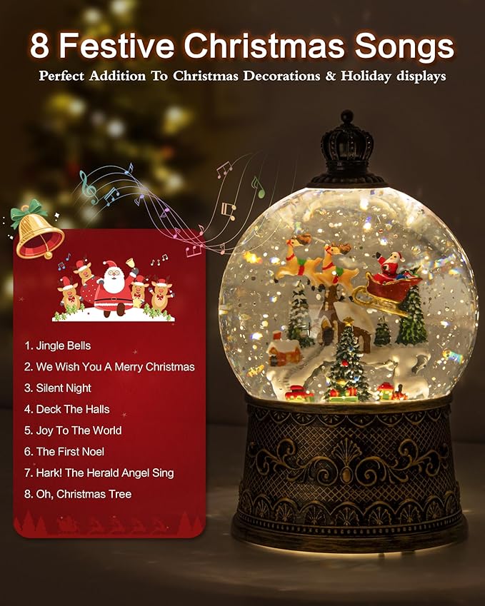 Christmas Snow Globes Light up Snowglobes Christmas Lantern with 8 Songs, 6.99" Christmas Snow Globes for Kids Adults, 6H Timer & Dual Power, Christmas Decorations Indoor, Gifts for Women Men