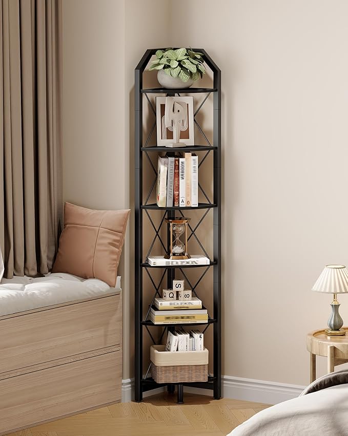 CHOEZON 6-Tier Corner Shelf, Industrial Corner Bookshelf, 71.2" Display Storage Stand, Plant Stand Display Shelf, Tall Bookcase for Bedroom, Living Room, Home Office, Black TCJ11BB