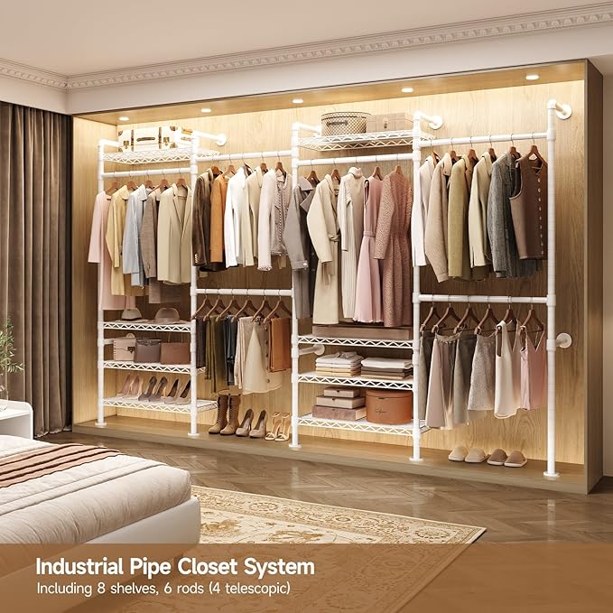 Wall Mounted Garment Rack, Industrial Pipe Metal Clothing Rack with 6 Hanging Rods (4 Expandable) & 8 Shelves, Closet Organizers and Storage System for Bedroom, Walk in Closet