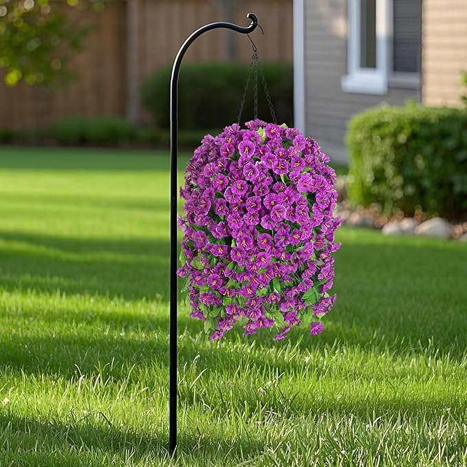 Artificial Faux Hanging Flowers Basket for Spring Summer Outdoor Porch Decor, Fake Silk Colorful Morning Glory Eucalyptus in Planter UV Resistant Look Real for Home Balcony Yard(Darkorchid)