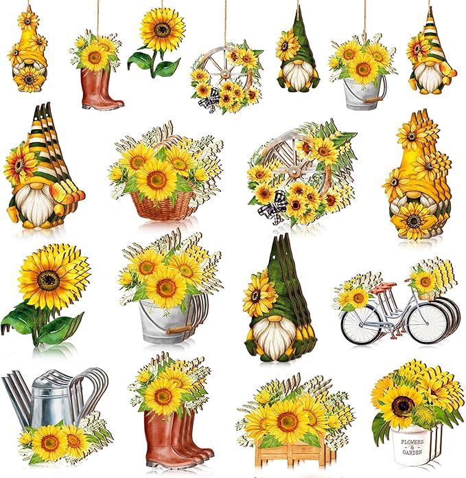 Maitys 36 Pcs Spring Flower Wooden Ornaments Sunflower Tulip Easter Tree Decoration Floral Gnome Hanging Wood Cutout Pastel Spring Decor for Home Small Tree Party(Sunflower)