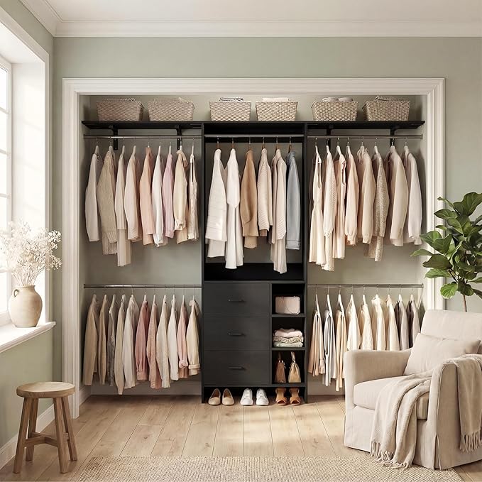 Aheaplus Closet System, Closet Organizer with 3 Wooden Drawers, 8FT Closet Organizer System, 96’’ Walk-in Closet Wardrobe Clothes Rack with Hanging Rods, Adjustable Garment Rack, Fits 5.3-9 ft, Black