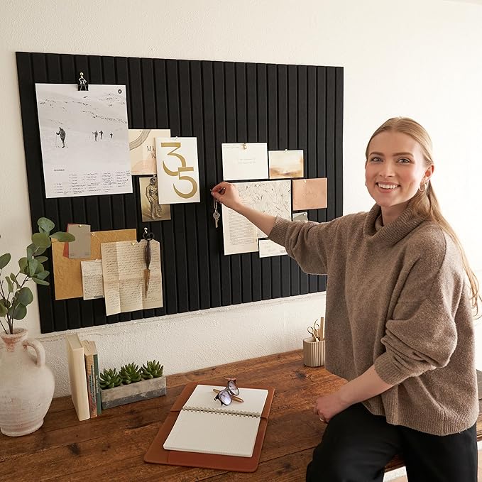 Large Felt Bulletin Board - Stylish Perfectly Sized 35" x 47" Cork Board Alternative for Office & Wall Decor – 12 Customizable Adhesive Tiles w/Golden Pins are Perfect to Display Your Photos