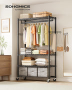 SONGMICS Heavy-Duty Rolling Clothes Rack, Garment Rack, Portable Closet on Wheels, with Adjustable Mesh Shelves and Hanging Rails, Hooks, 15.8 x 35.4 x 78.3 Inches, Ink Black ULGR418BH01