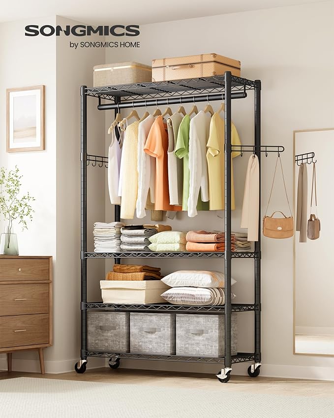 SONGMICS Heavy-Duty Rolling Clothes Rack, Garment Rack, Portable Closet on Wheels, with Adjustable Mesh Shelves and Hanging Rails, Hooks, 15.8 x 35.4 x 78.3 Inches, Ink Black ULGR418BH01