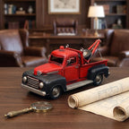 Vintage Red Tow Truck Decor Model, Classic Retro Metal Wrecker Truck Figurine, Distressed Rustic Collectible Sculpture for Home Office Shelf Desk Tabletop Decor