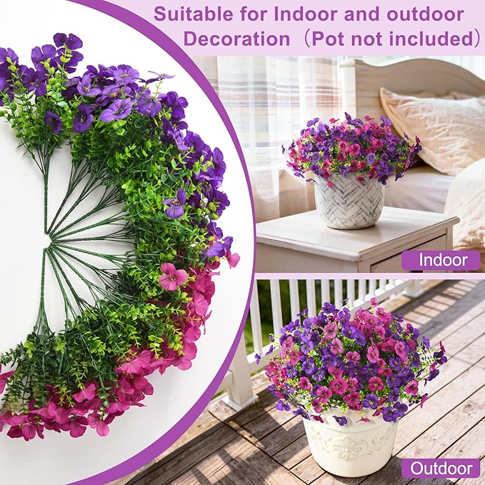 Artificial Fake Pansy Flowers for Outdoor, 12 Pcs Faux Silk Pansies Flower for Spring Summer Decoration, UV Resistant Fake Plants for Outside Planter Porch Yard Patio Home Decor(Purple Rose Red)