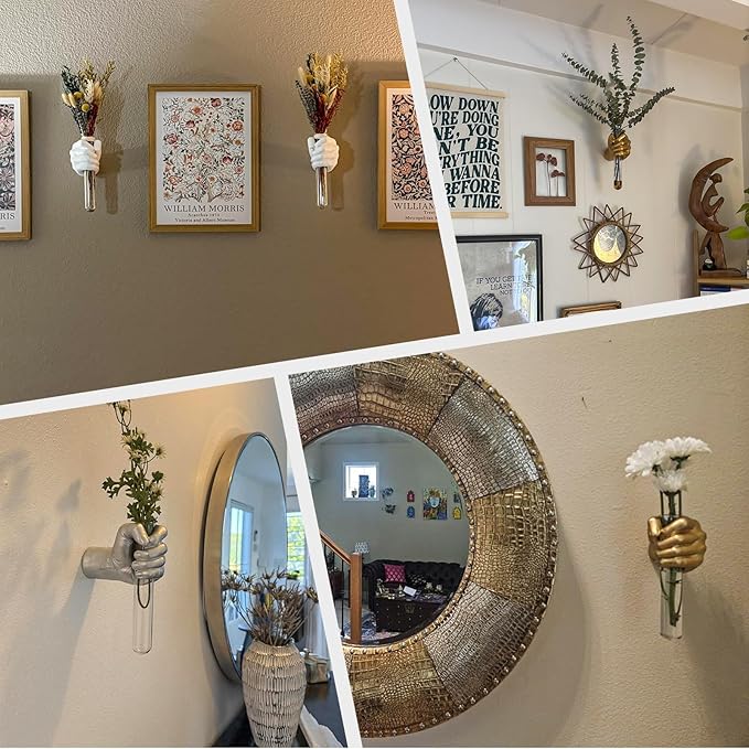 2 Pieces Wall Sculptures, Hands Vase Home Decor, Wall Mount Art Sculpture, Unique Wall Art Statue, Funky Flower Vase Decorations, Modern Eclectic Hanging Decor,Hands Statue (Pink(L+R))