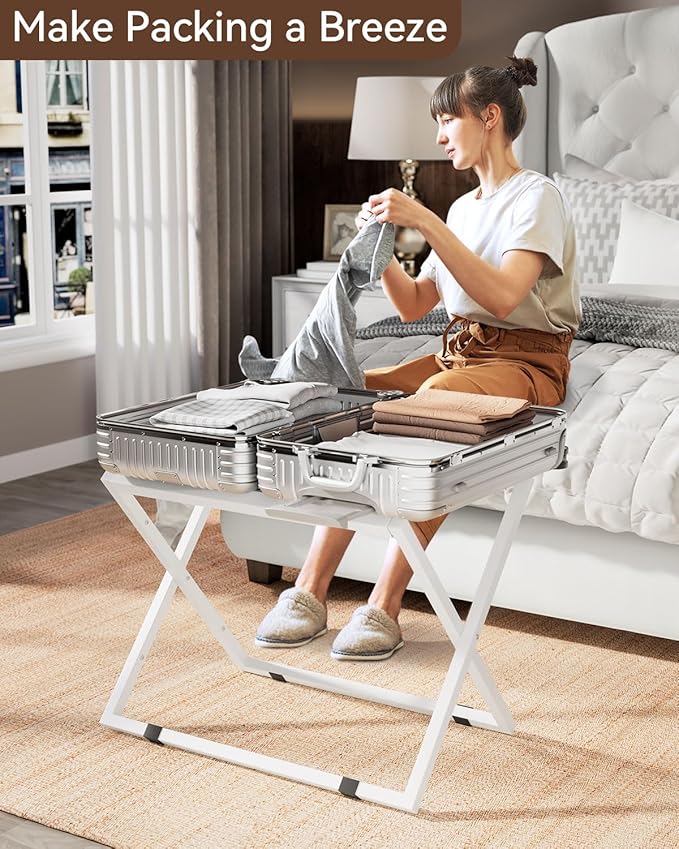 IBUYKE Luggage Rack for All Suitcase Sizes,Metal Luggage Holder,Foldable Suitcase Stand,Easy to Assemble for Bedroom Living Room Hotel,White TLR001W-2