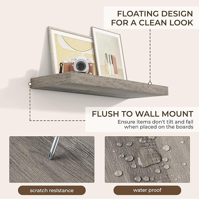 RICHFOCUS 28Inch Floating Shelves for Wall 2 Pack Shelves for Bedroom|Kitchen|Bathroom|Laundry Room Rustic Wood Wall Mounted Shelf with Invisible Brackets for Books|Storage|Decor, Grey