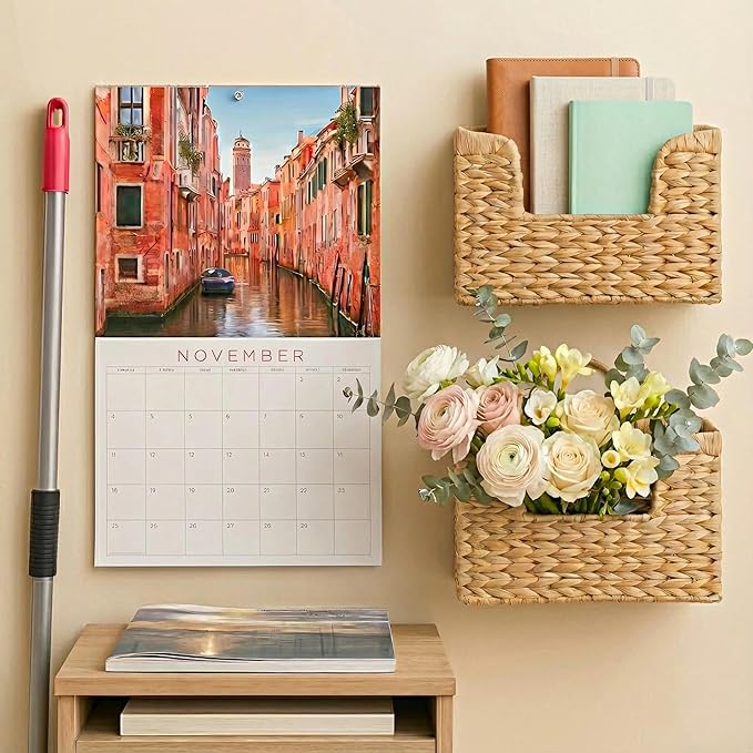 Set of 2 Magazine Holder Wall Basket Water Hyacinth Woven Mail Organizer, Wicker Wall Hanging Baskets for Magazines, Letters & Storage Decorative Mail Holder, Magazine Rack, 11.8x4.3x7.9 Inch