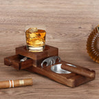 Scotte Ashtray Coaster Whiskey Glass Tray & Wooden Ash Tray with Cigar Cutter, Includes Drawer and Cigar Slot - Great for Home, Office or Outdoor Use (Deep Brown)