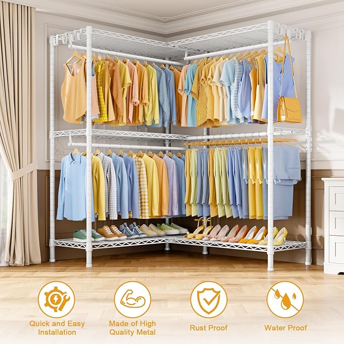 E15 Pro Garment Rack L Shaped Clothes Rack for Corner，Freestanding Clothing Racks for Hanging Clothes，Heavy Duty Closet System with 4 Hanging Rods & 8 S Hooks，48.8"W x 15.8"D x 78.4"H，White