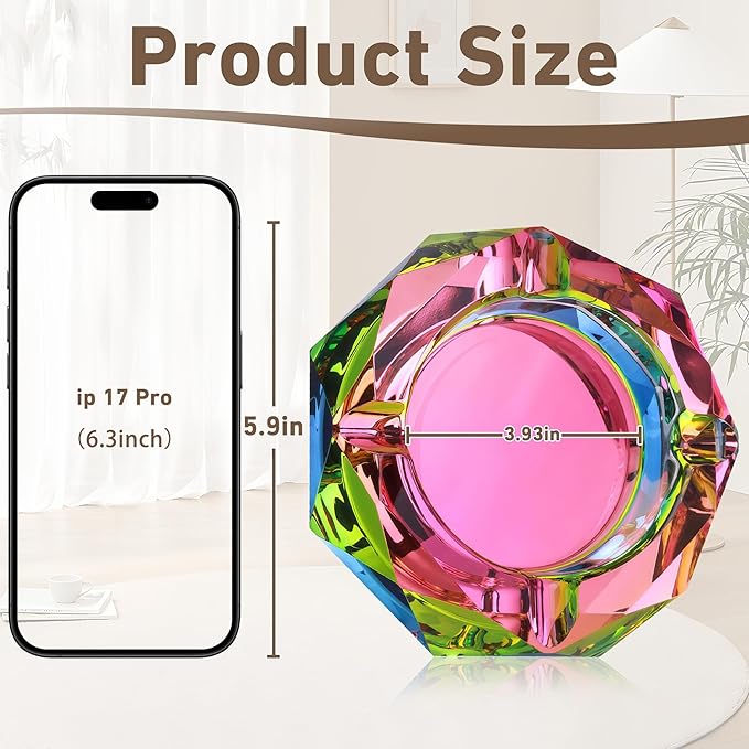 Coomin 5.9in Large Crystal Glass Ash Tray, Sparkly Cigarettes Cigar Ashtray, Ashtrays for Smokers Indoor Women Home Desktop Tabletop Decoration, Gifts for Women, Pink