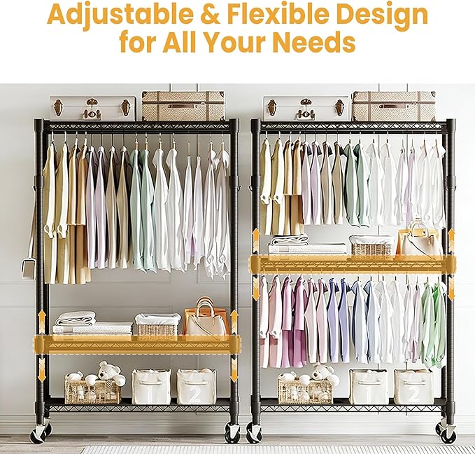 Heavy Duty Rolling Clothes Rack,Load 730LBS Clothing Racks for Hanging Clothes,Free Standing Closet Organizers and Storage Garment Racks with Wheels,2 Rods,Side Hooks,80"H x 45"W x 16"D