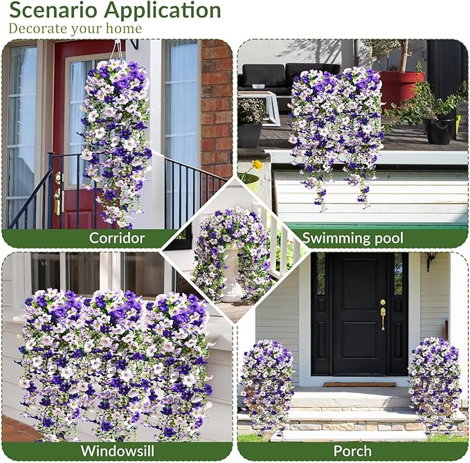 Waipfaru Artificial Petunias Flowers for Outdoors, 2 Pcs UV Resistant Fake Hanging Plants Spring Outside Decor, Faux Silk Flowers Long Trailing Vines for Outdoor Planters Porch Garden (Purple White)