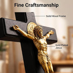 PHYUKEY St. Benedict Standing Crucifix 10.75in, Wooden Wall Cross with Golden Alloy Jesus Christ & INRI, Catholic Tabletop Crucifix with Detachable Stand - Confirmation & Home Altar Decor