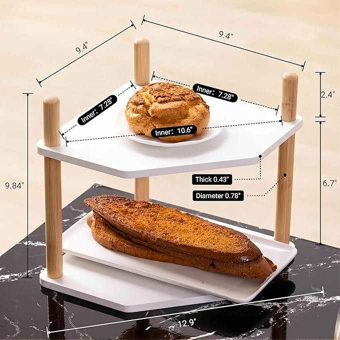 2-Tier Expandable Bamboo Corner Shelf - Dish/Plate Organizer for Cabinet, Kitchen Counter Shelf & Small Kitchen Shelf, Adjustable (6.7" H-White, 2-Tier)