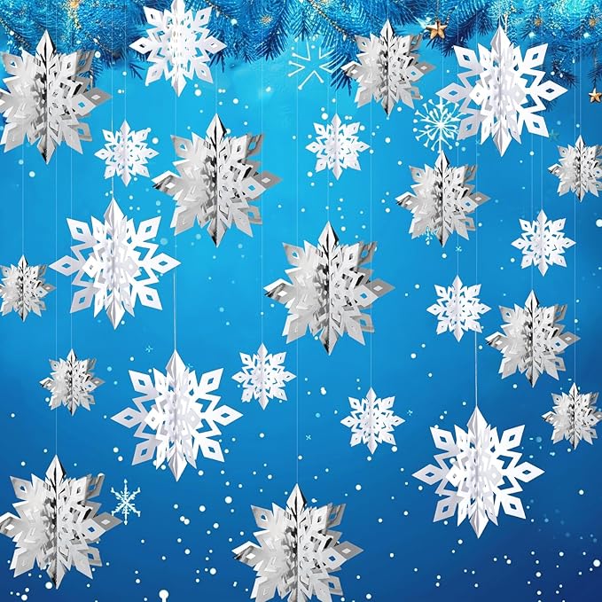 OuMuaMua Winter Christmas Snowflake Decorations Indoor, 24PCS 3D Large White and Silver Snowflakes Hanging Ornaments for Home Xmas Christmas Holiday Winter Wonderland New Year Party Decorations