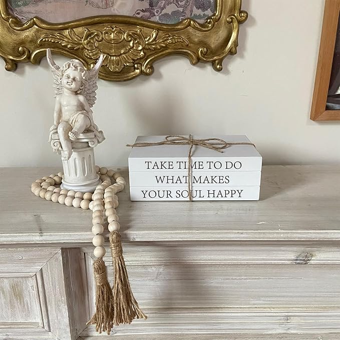 Decorative Books for Home Decor, White Faux Books for Decoration, Rustic Farmhouse Stacked Display Books with 52in Wood Bead Garland for Coffee Tables Living Room (TAKE TIME to DO)