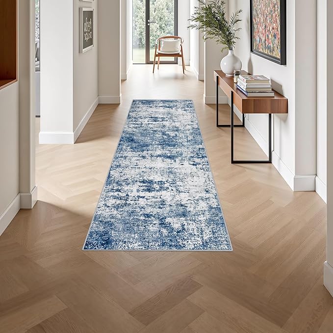 2'x6' Runner Rug Washable Rug: Modern Abstract Soft Thin Runner Rug Blue