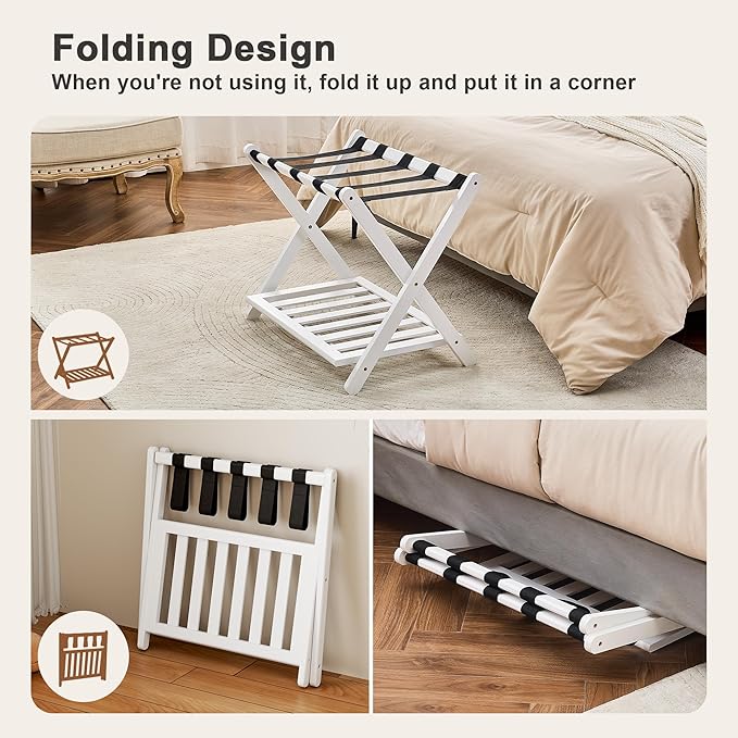 Fully Assembled Luggage Racks Pack of 2, Upgraded Bamboo Foldable Suitcase Stand with 5 Nylon Straps, 26.77" Thickened Luggage Stand Holder with Shelf for Guest Room Bedroom Hotel, White