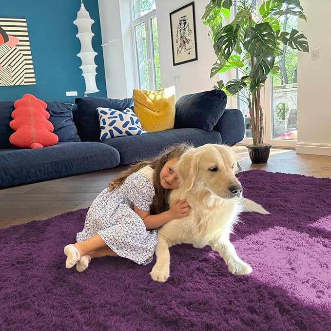 OLANLY 9x12 Machine Washable Large Area Rugs for Living Room, Bedroom, Soft Fluffy Shaggy Bedside Rug, Indoor Floor Carpet for Kids Girls and Boys, Dorms, Nursery, Home Decor Aesthetic, Dark Purple