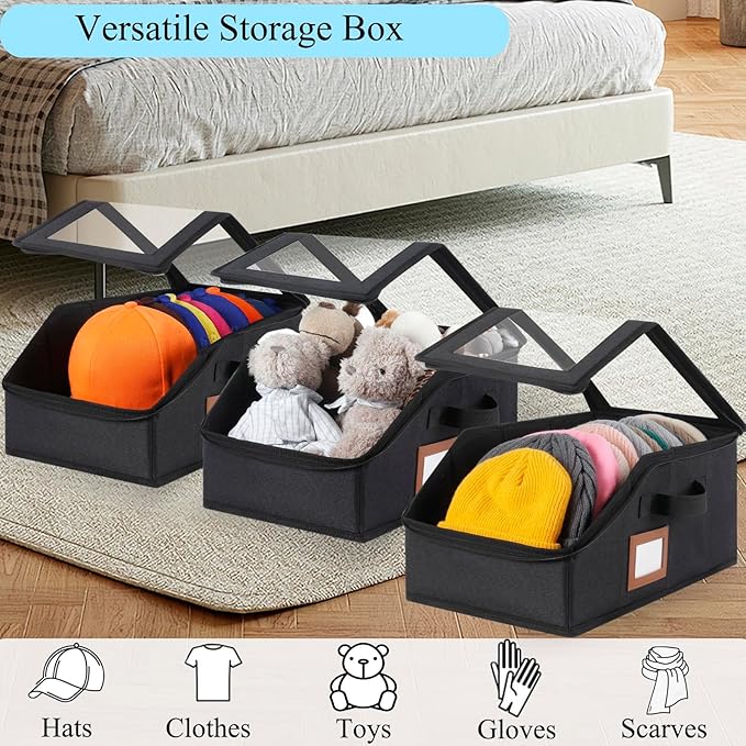 4 Pack Hat Storage for Baseball Caps-Holds Up to 56 Caps, Hat Organizer for Closet Stackable Hat Box with Cardboard, Dust-proof Beanie organizer with 2 Handles for Home Travel (Black, 4Pack-Small)