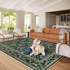 Vintage Botanical Dark Green Area Rug 8x10 Elegant Floral Pattern, Durable Stain-Resistant Fabric, Perfect for Living Room, Bedroom, Dining Room Decor