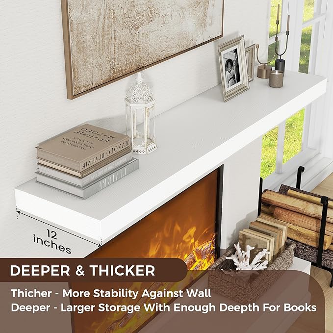 Venusmiles Floating Shelves for Wall, 72 Inch Wide x 12 Inch Deep Floating Shelves, Long Wood Floating Wall Shelf Shelves for Living Room Bathroom Bedroom Kitchen Home - (White, 72" W x 12" D x 2" H)