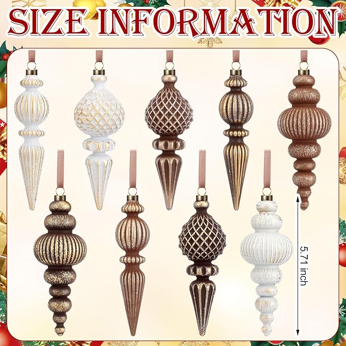 Yunlly 9 Pcs Neutral Christmas Ornaments Textured Christmas Tree Decor with Hanging Loop Modern Brown Hanging Finial Ornaments Shatterproof Home Decor for Xmas Vintage Rustic Farmhouse (Classic Color)