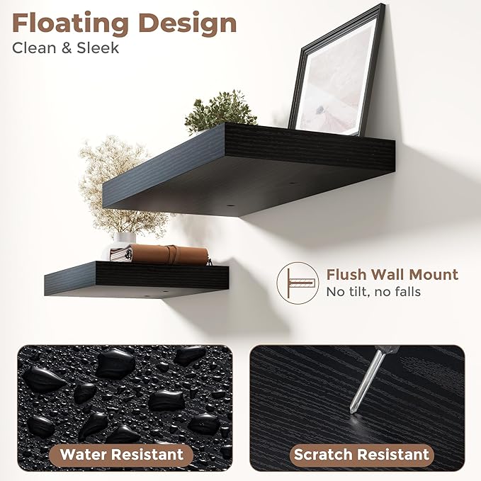 72 Inch Long Floating Shelves for Wall Set of 2, 12"D Wood Grain Bathroom Shelves with Invisible Brackets, Easy Install Engineered Wood Storage Shelves for Kitchen, Living Room, Bedroom, Black Finish