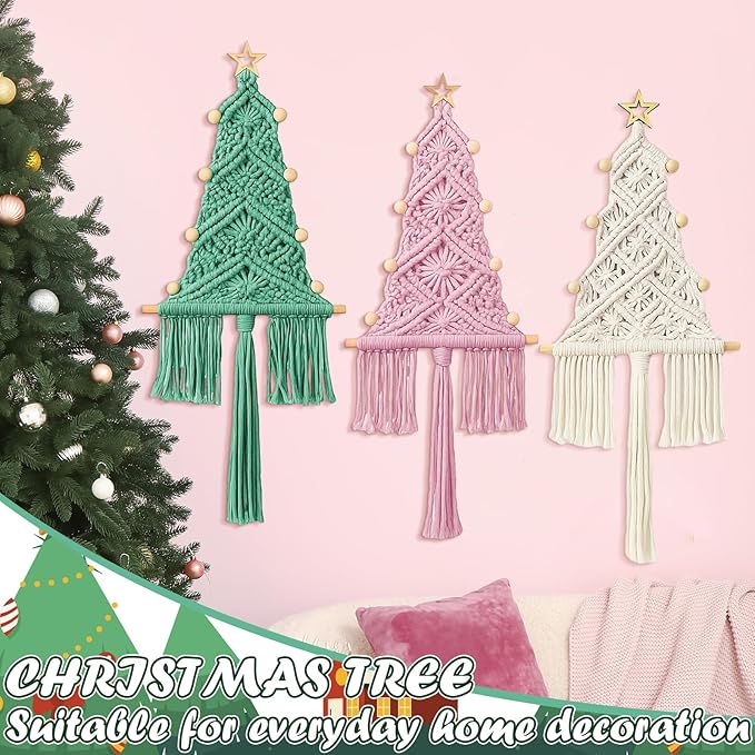 HunnmingRe 3 Pcs Large Macrame Christmas Tree Macrame Christmas Wall Decoration Hanging Ornaments Boho Wall Decor for Party Supplies (Pastel)
