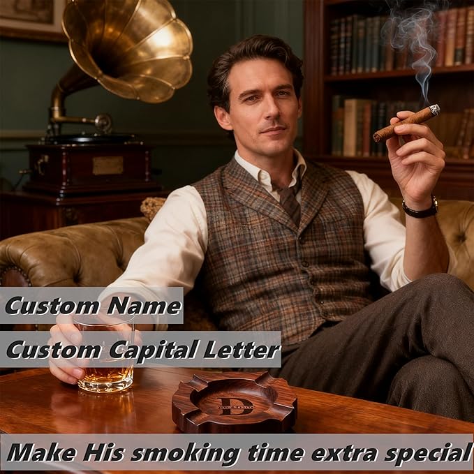 Personalized Name Walnut Cigar Ash Tray for Men Custom Wooden Cigar Ashtray for Outdoors Engraved Monogramed Ashtray Gifts for Father's Day Husband Fathers Groomsmen Papa Grandpa from Daughter Wife