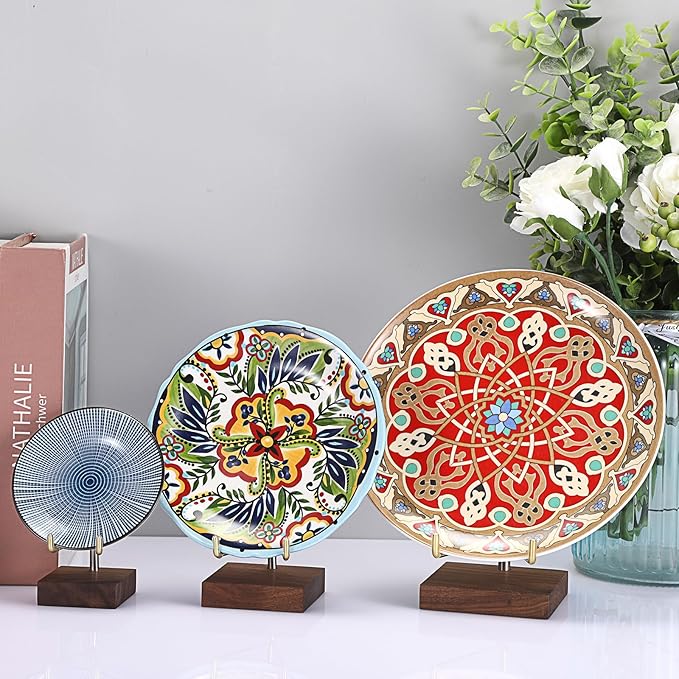 Hipiwe 2Pcs Wooden Base Display Stand Adjustable Metal Arms Display Stand Easel Decorative Plates Display Easel Holder for Crystal Fossil Slice Coral Geodes Rock Mineral Agate,Medium