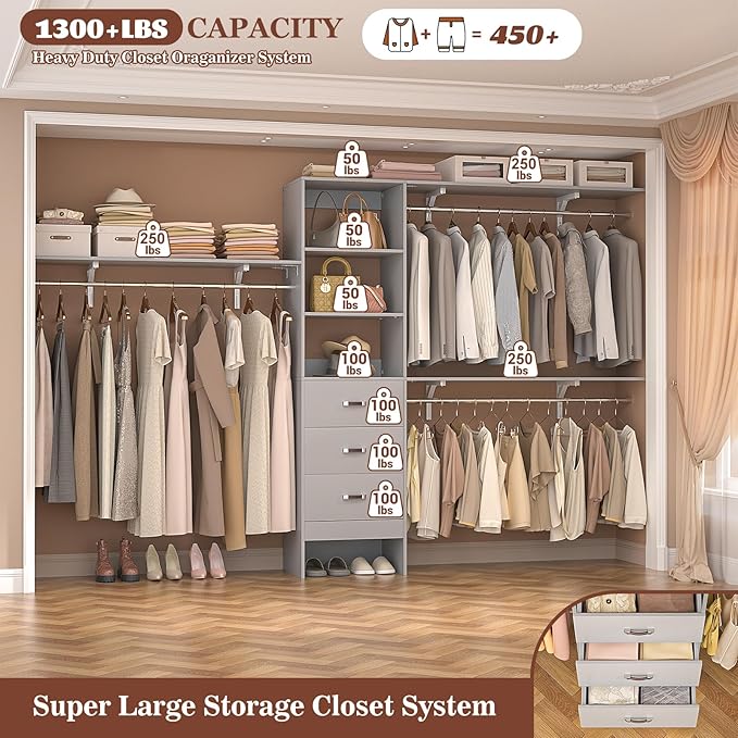 Armocity 120 Inches Closet System, 10FT Walk In Closet Organizer with 3 Shelving Towers, Heavy Duty Clothes Rack with 3 Drawers, Built-In Garment Rack, 120" L x 16" W x 75" H, Max Load 1300 LBS, Grey