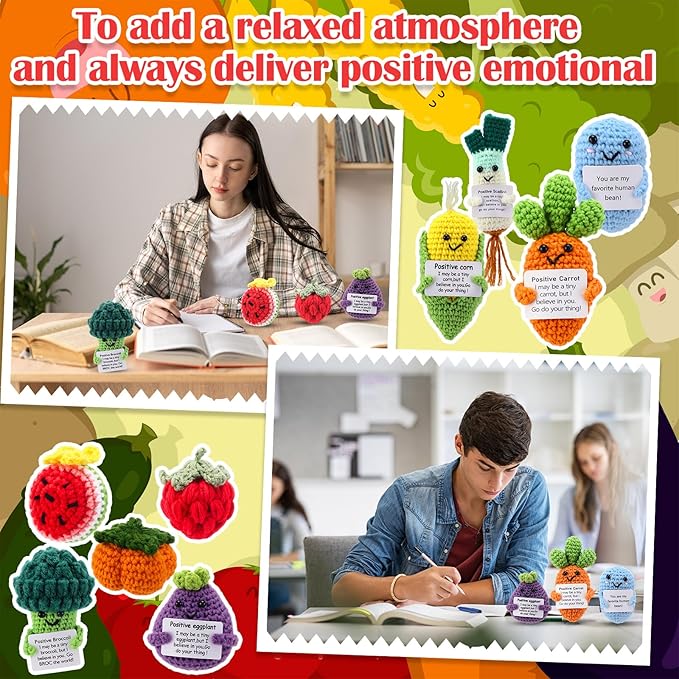 VioraWhite 18 Pcs Fruits Vegetables Positive Emotional Dolls Bulk Encouragement Emotional Knitted Crochet Gifts with Positive Words for Friends Coworker Decorations for Home Office