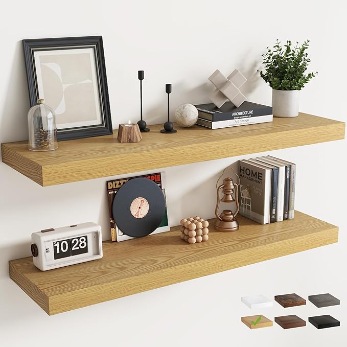 48 Inch Long Floating Shelves for Wall Set of 2, 12"D Wood Grain Bathroom Shelves with Invisible Brackets, Easy Install Engineered Wood Storage Shelves for Kitchen, Living Room, Bedroom, Oak Finish
