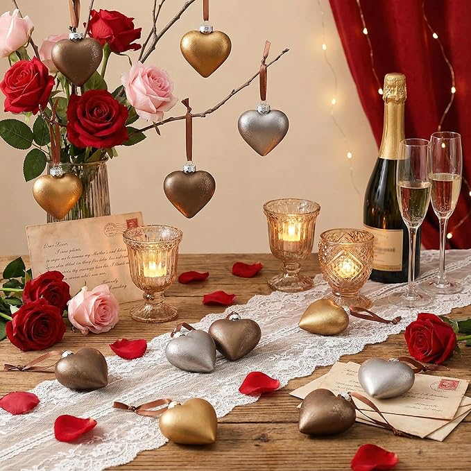 VioraWhite 18 Pcs Valentines Neutral Texture Heart Ornaments Bronze Rustic Heart Shaped Xmas Baubles Ornaments Farmhouse Copper Decorations for Tree Wreath Home Modern Holiday