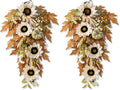 Glitzhome 2 Pcs Fall Teardrop Swags for Front Door, 28''H Autumn Swag with Neutral Sunflower, Pumpkin and Leaf, Fall Swags for Front Door, Thanksgiving Harvest Festivals Decor