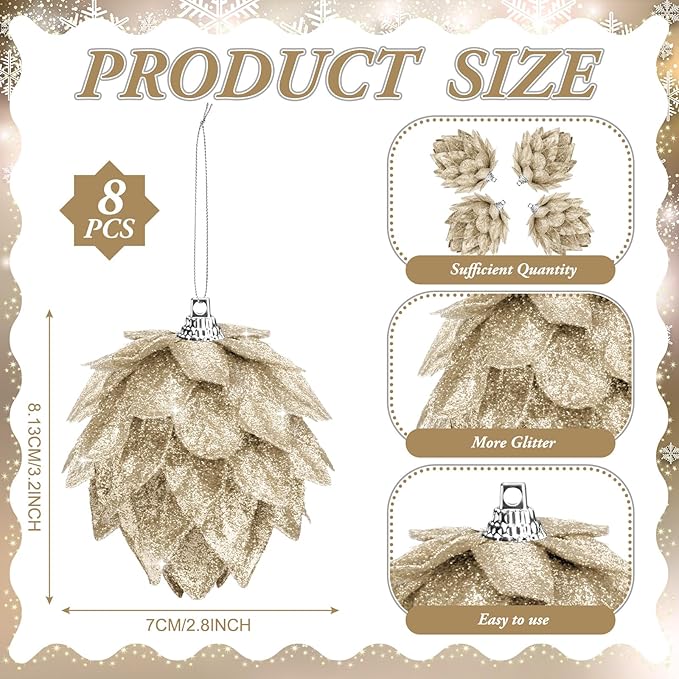 Jetec 8 Pieces Christmas Ornaments Glitter Christmas Tree Hanging Decoration Decorative Artificial Pine Cones Flowers Hanging Ornaments for Winter Wreath Holiday Decor(Champagne Gold)