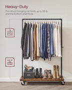 VASAGLE Clothes Rack, Heavy Duty Clothing Rack, Industrial Pipe Style Rolling Garment Rack with Shelf, for Bedroom, Laundry Room, Retail Store, Rustic Brown and Black UHSR65BX