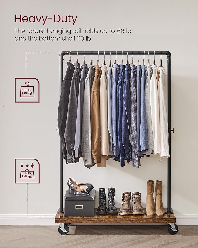 VASAGLE Clothes Rack, Heavy Duty Clothing Rack, Industrial Pipe Style Rolling Garment Rack with Shelf, for Bedroom, Laundry Room, Retail Store, Rustic Brown and Black UHSR65BX